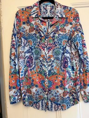 J. McLaughlin Cream Blouse with Blue Vine and Coral Floral Print